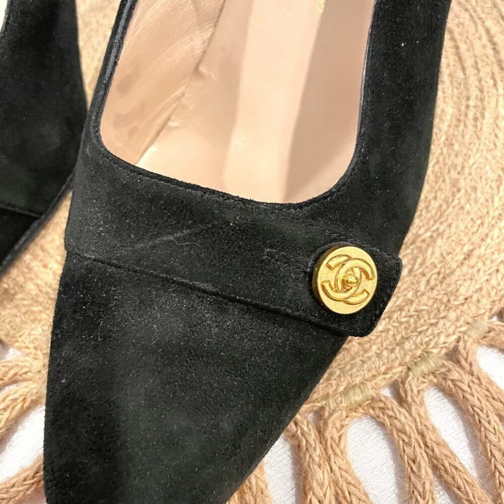 Chanel Black Suede CC Block Heel Pumps Size 7 A